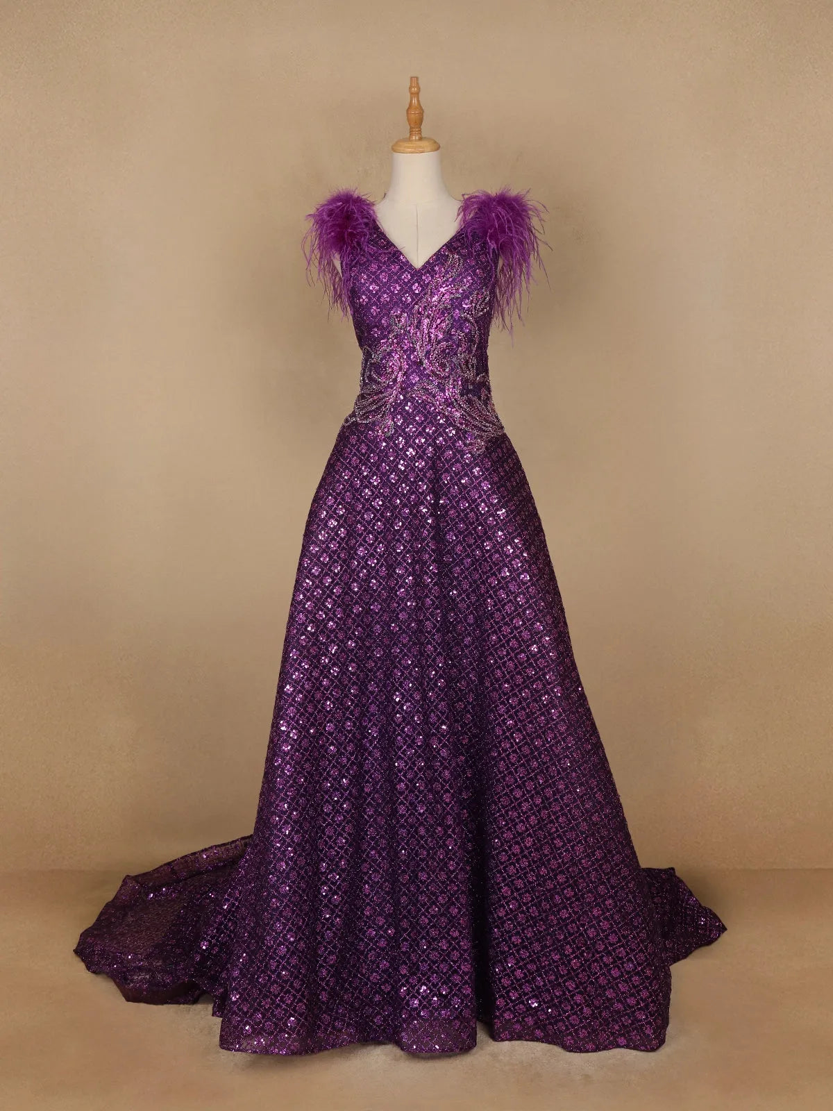 Violet Floral And Sequins Worked Net Party Wear Gown - Diadem