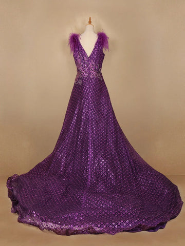 Violet Floral And Sequins Worked Net Party Wear Gown - Diadem
