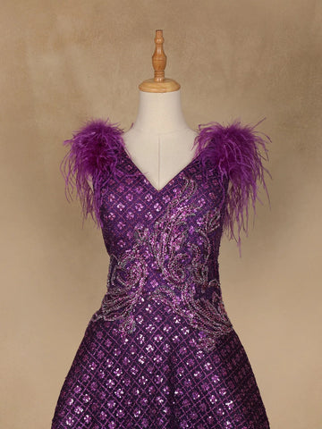 Violet Floral And Sequins Worked Net Party Wear Gown - Diadem