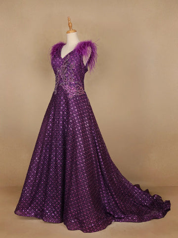 Violet Floral And Sequins Worked Net Party Wear Gown - Diadem