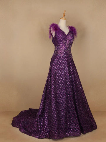 Violet Floral And Sequins Worked Net Party Wear Gown - Diadem