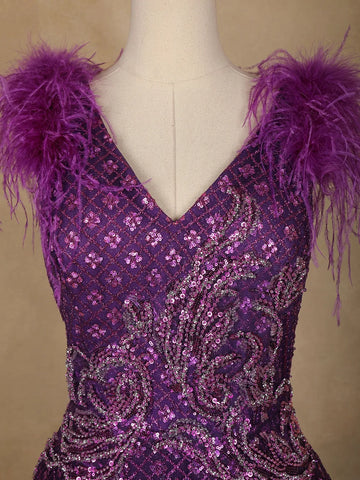 Violet Floral And Sequins Worked Net Party Wear Gown - Diadem