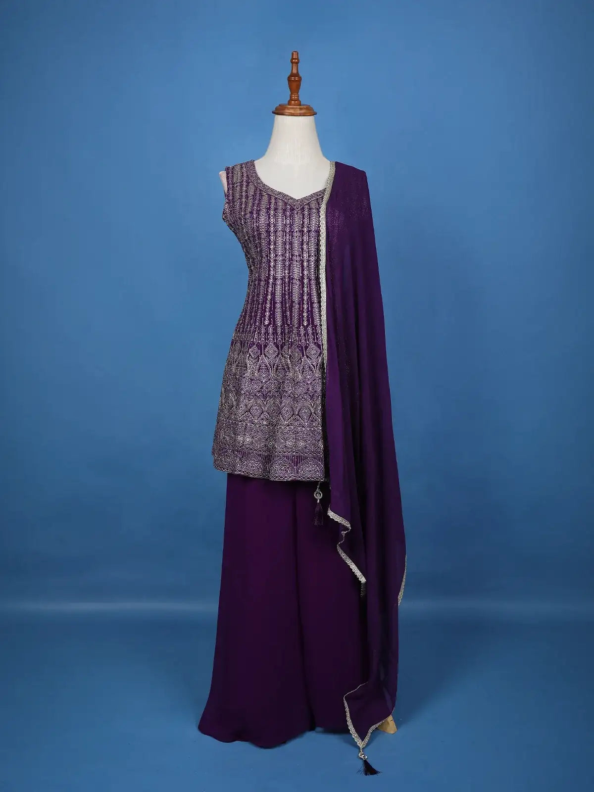 Violet Floral Embroidered Georgette Palazzo Suit - Diadem