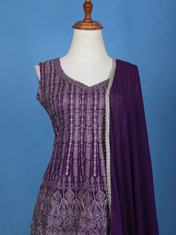 Violet Floral Embroidered Georgette Palazzo Suit - Diadem