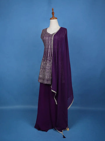 Violet Floral Embroidered Georgette Palazzo Suit - Diadem