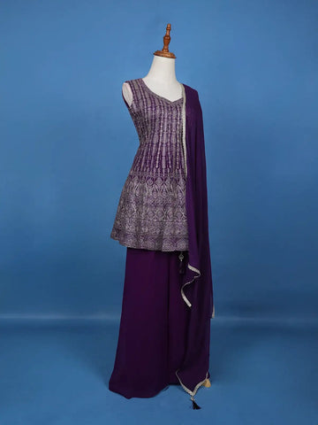 Violet Floral Embroidered Georgette Palazzo Suit - Diadem