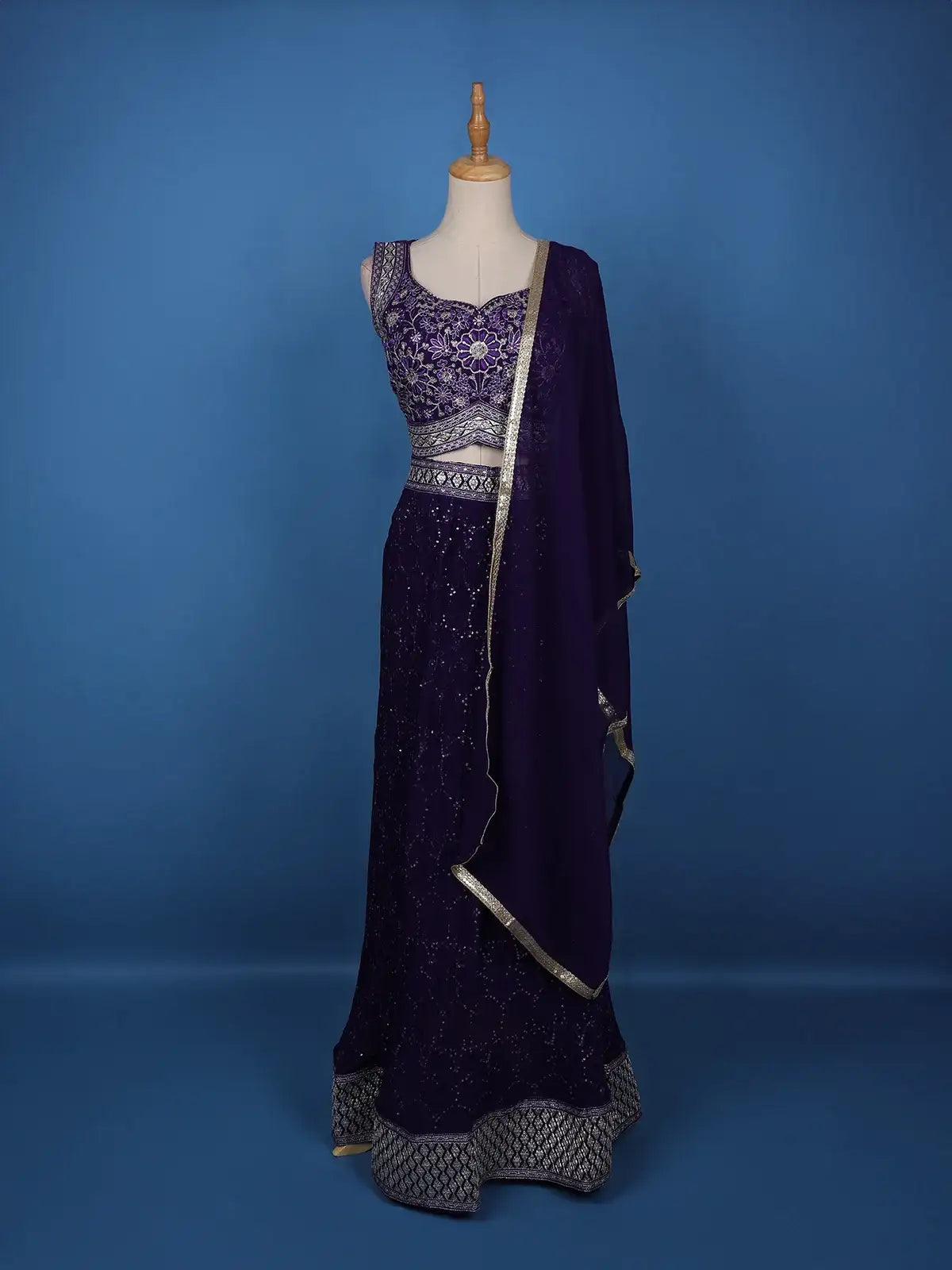 Violet Floral Embroidery Georgette Lehenga - Diadem