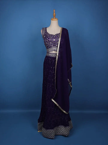 Violet Floral Embroidery Georgette Lehenga - Diadem