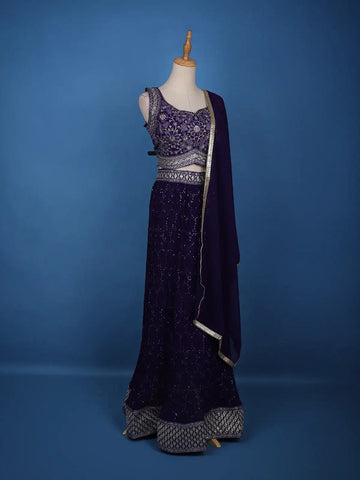 Violet Floral Embroidery Georgette Lehenga - Diadem