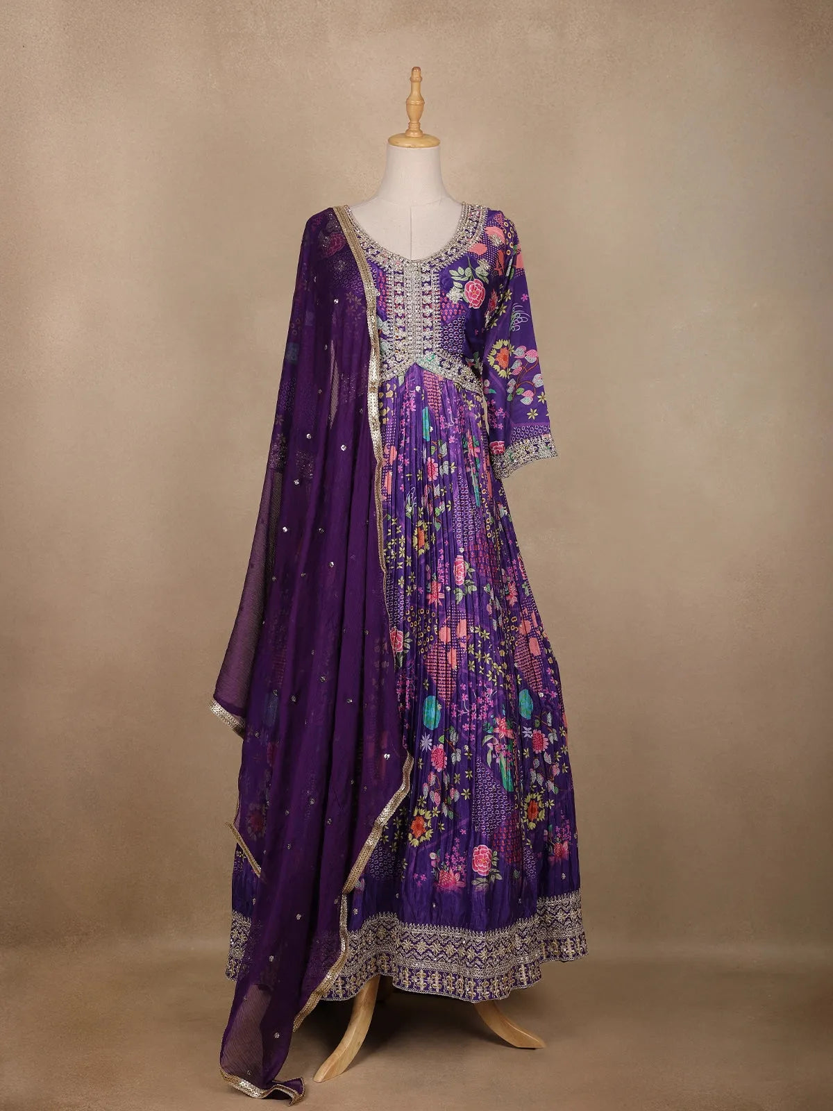 Violet Floral Printed Crepe Gown - Diadem