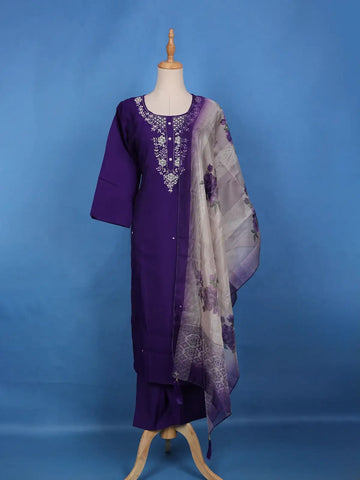 Violet Sequins Floral Printed Satin Salwar Suit - Diadem