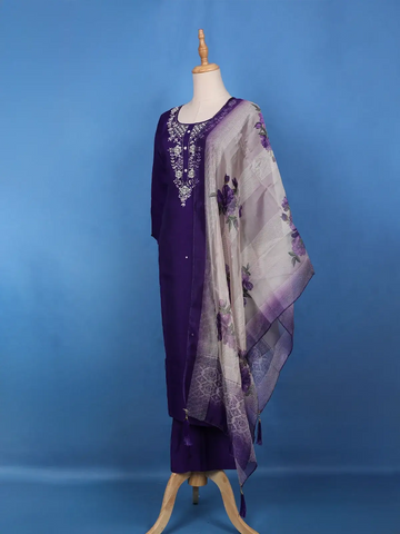 Violet Sequins Floral Printed Satin Salwar Suit - Diadem