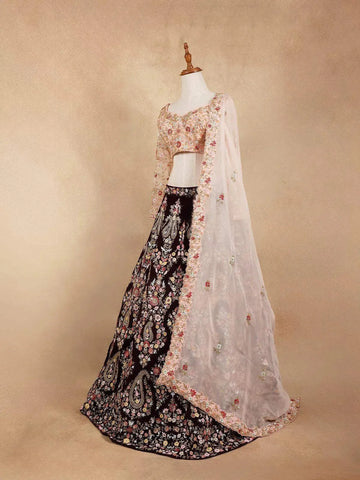 Peach Wedding Bridal Lehenga with Sequins Beads Floral Design - Diadem