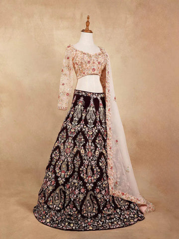 Peach Wedding Bridal Lehenga with Sequins Beads Floral Design - Diadem