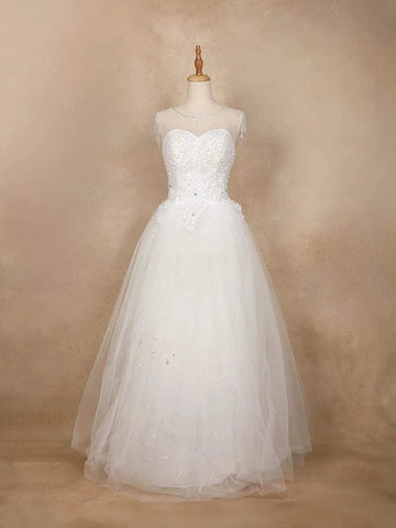 White Wedding Net Gown Adorned with Sequins - Diadem