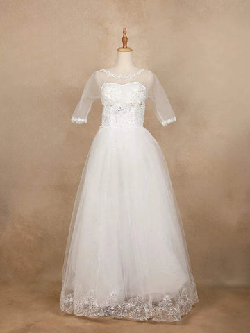 White Net Adorned with Floral Lace Wedding Gown - Diadem