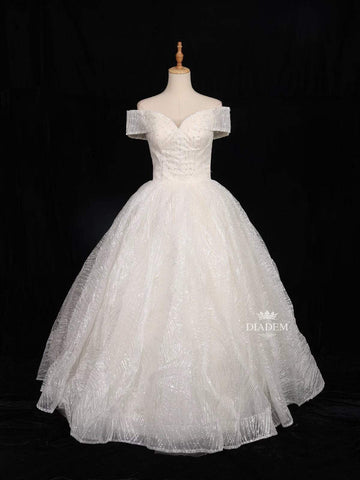 White Net Off-Shoulder Ball with Floral Threadwork and Sequins Gown - Diadem