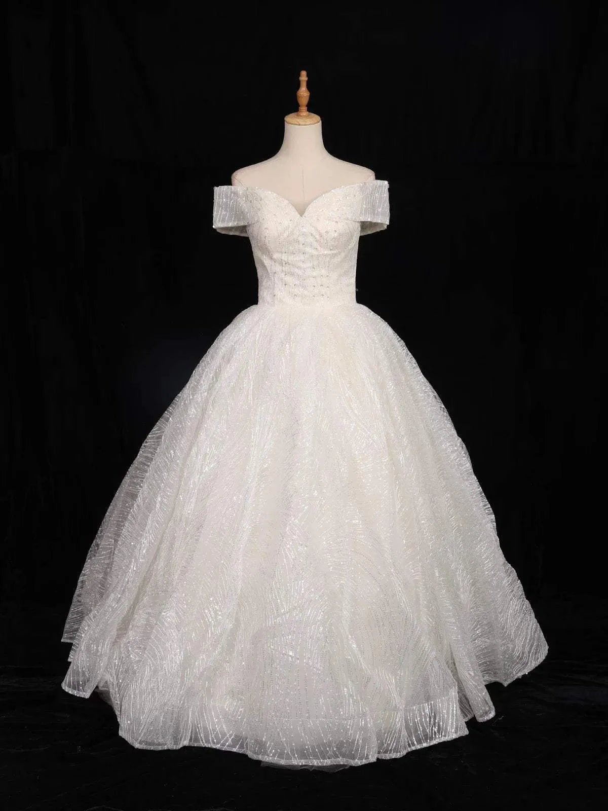 White Net Off-Shoulder Ball with Floral Threadwork and Sequins Gown - Diadem