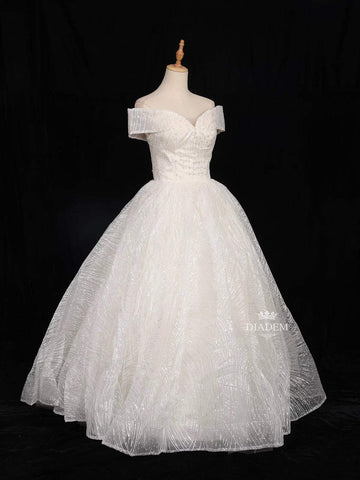 White Net Off-Shoulder Ball with Floral Threadwork and Sequins Gown - Diadem