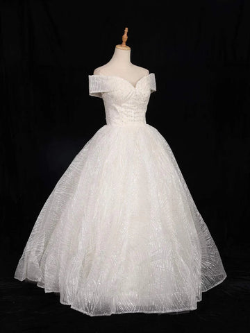 White Net Off-Shoulder Ball with Floral Threadwork and Sequins Gown - Diadem