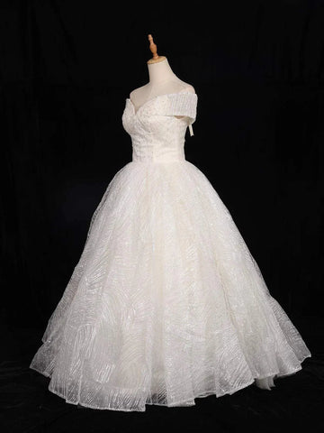 White Net Off-Shoulder Ball with Floral Threadwork and Sequins Gown - Diadem