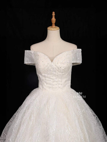 White Net Off-Shoulder Ball with Floral Threadwork and Sequins Gown - Diadem