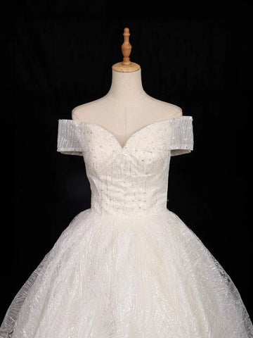 White Net Off-Shoulder Ball with Floral Threadwork and Sequins Gown - Diadem