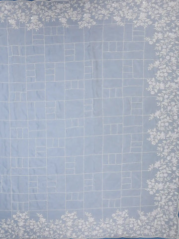 White Checked Design Synthetic Saree With Floral Embroidered Border - Diadem