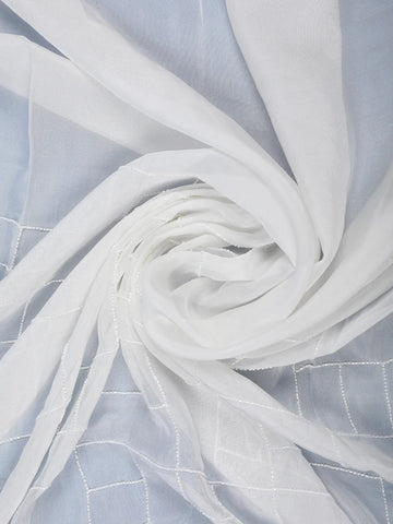 White Checked Design Synthetic Saree With Floral Embroidered Border - Diadem