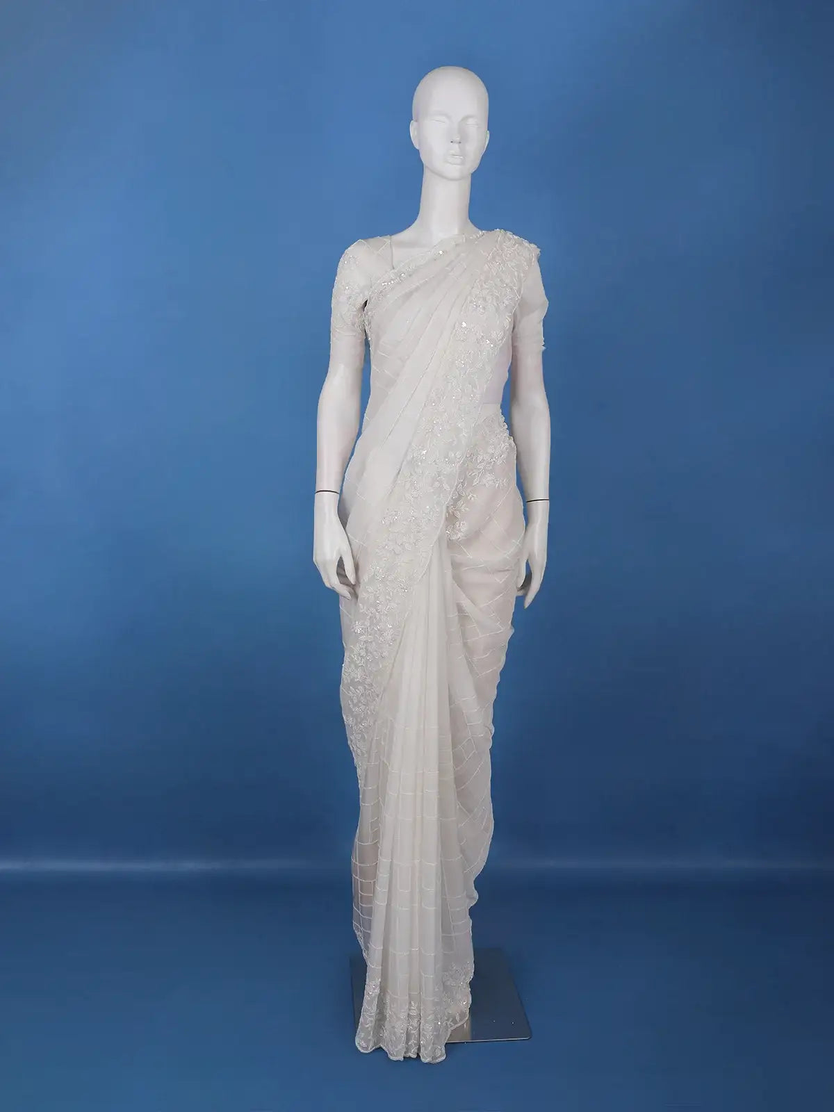 White Checked Design Synthetic Saree With Floral Embroidered Border - Diadem