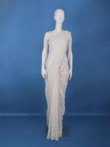 White Checked Design Synthetic Saree With Floral Embroidered Border - Diadem