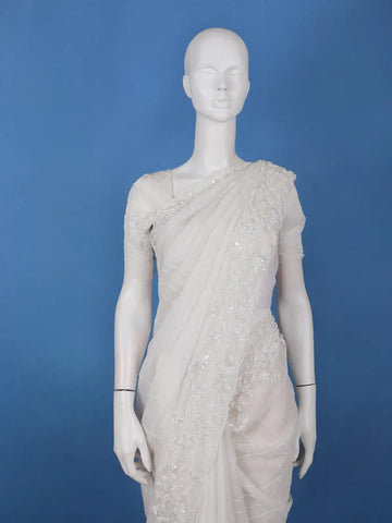 White Checked Design Synthetic Saree With Floral Embroidered Border - Diadem