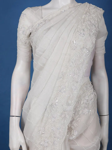 White Checked Design Synthetic Saree With Floral Embroidered Border - Diadem
