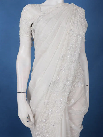 White Checked Design Synthetic Saree With Floral Embroidered Border - Diadem