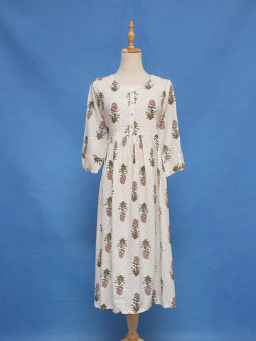 White Floral Design Cotton Kurti - Diadem