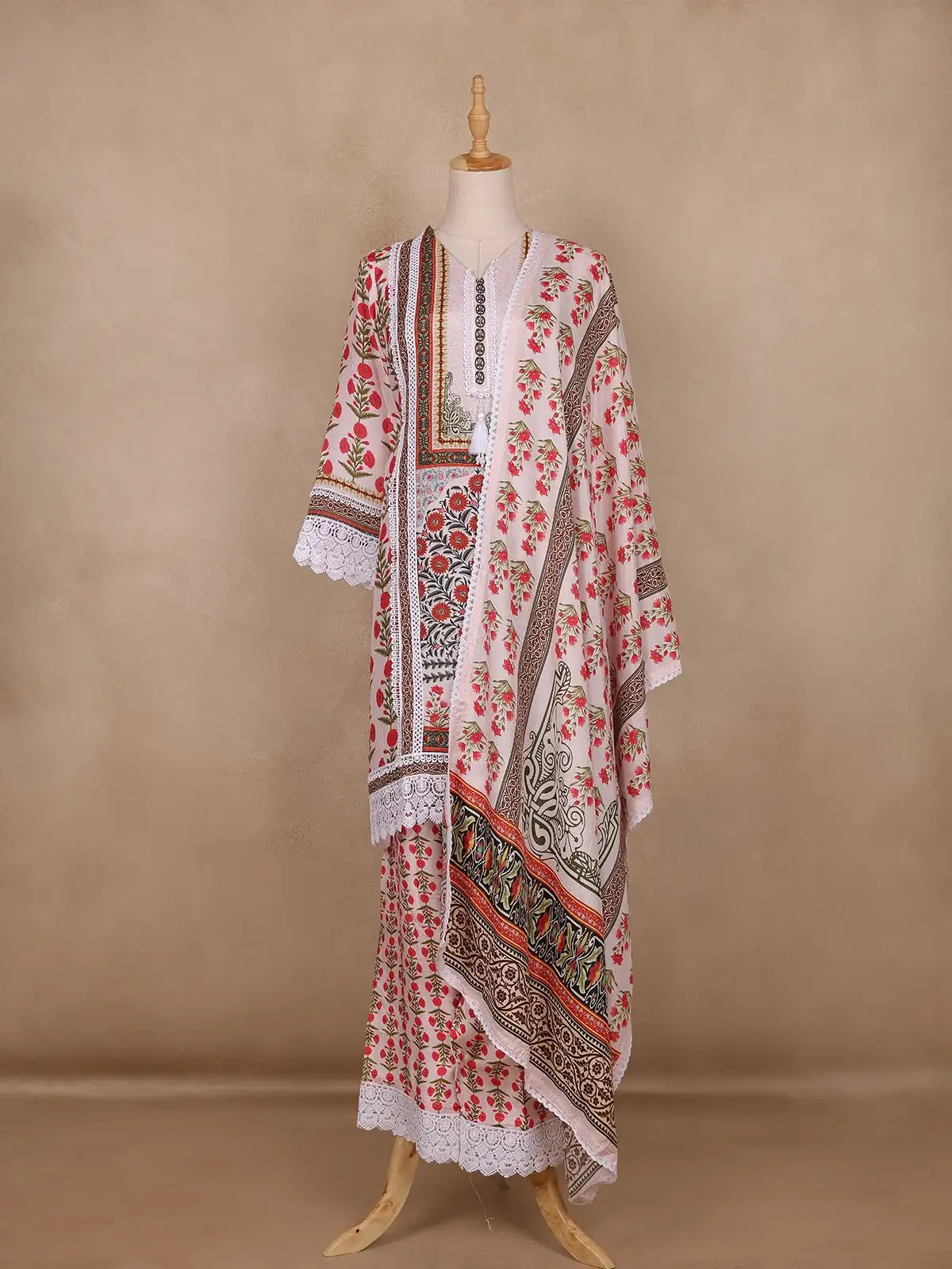 White Floral Design Cotton Salwar Suit - Diadem