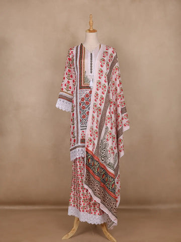 White Floral Design Cotton Salwar Suit - Diadem