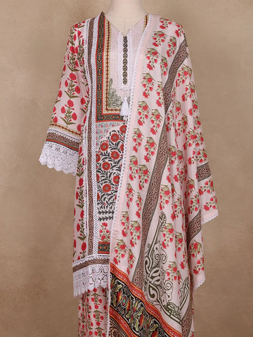White Floral Design Cotton Salwar Suit - Diadem