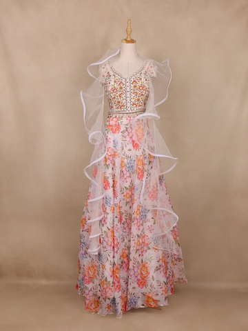 White Floral Design Organza Lehenga - Diadem