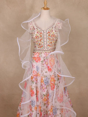 White Floral Design Organza Lehenga - Diadem