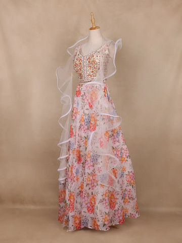 White Floral Design Organza Lehenga - Diadem