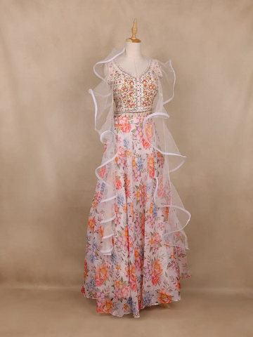 White Floral Design Organza Lehenga - Diadem