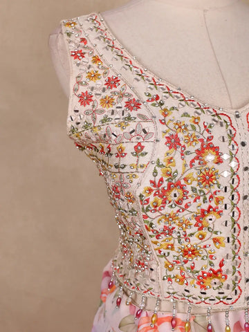 White Floral Design Organza Lehenga - Diadem