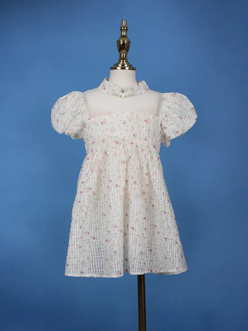 White Floral Embroidered Cotton Frock with Puff Sleeves & Mandarin Collar - Diadem
