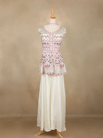 White Floral Embroidered Georgette Palazzo Salwar Suit - Diadem