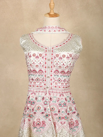 White Floral Embroidered Georgette Palazzo Salwar Suit - Diadem
