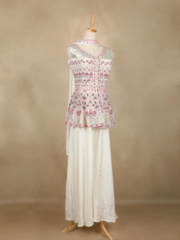 White Floral Embroidered Georgette Palazzo Salwar Suit - Diadem