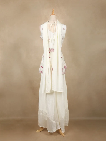 White Floral Embroidered Georgette Palazzo Salwar Suit - Diadem