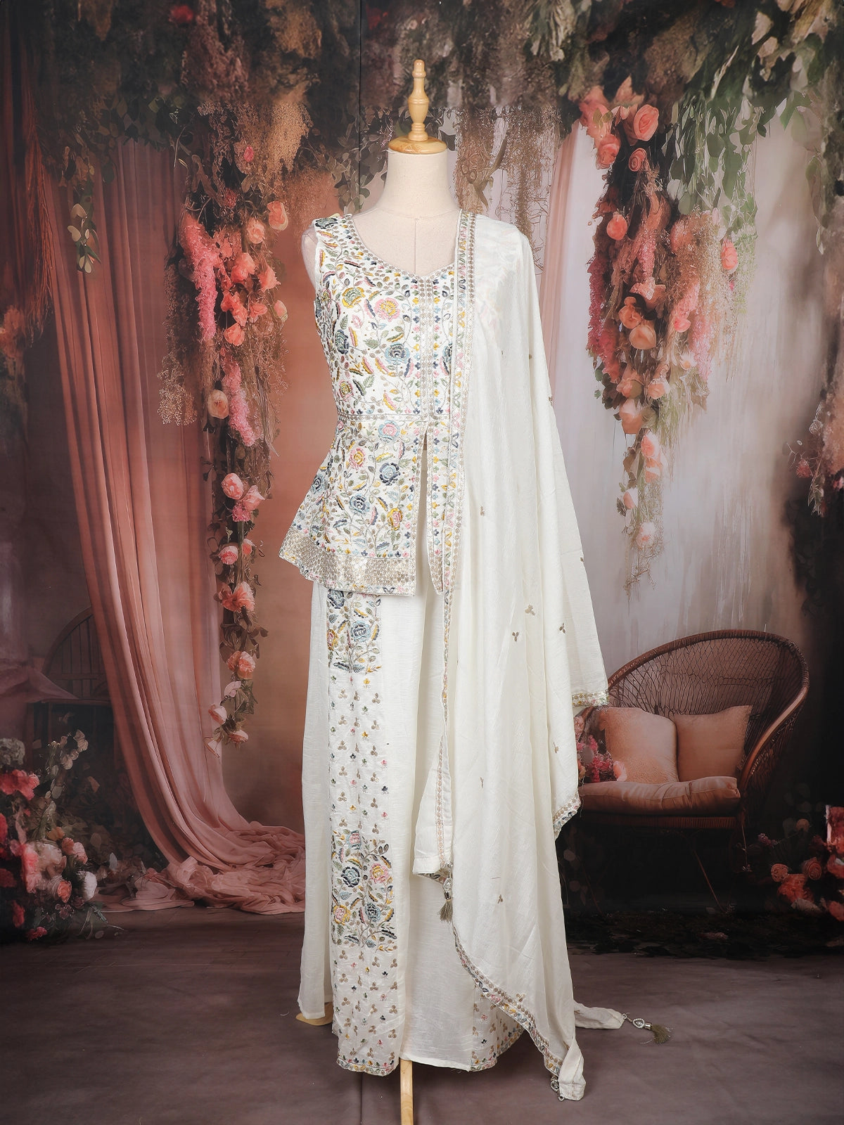 Off-White Floral Embroidered Georgette Peplum Palazzo Suit with Dupatta