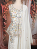 Off-White Floral Embroidered Georgette Peplum Palazzo Suit with Dupatta